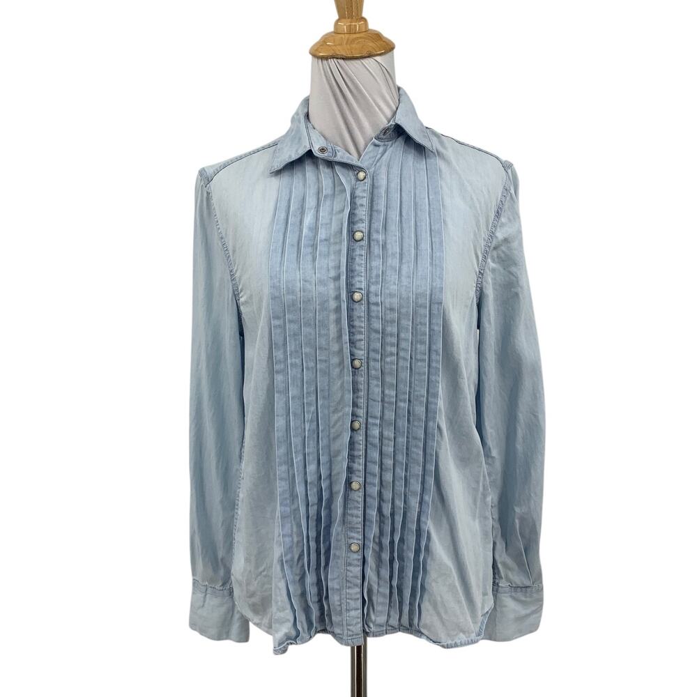 Sundance Shirt Women XS Extra Small Tessa Chambray Pleated Snap Buttons Collared